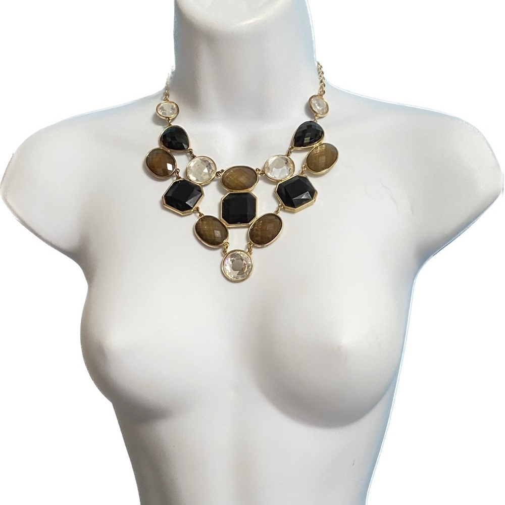 INC Gold Tone Bib Statement Necklace Black Faceted